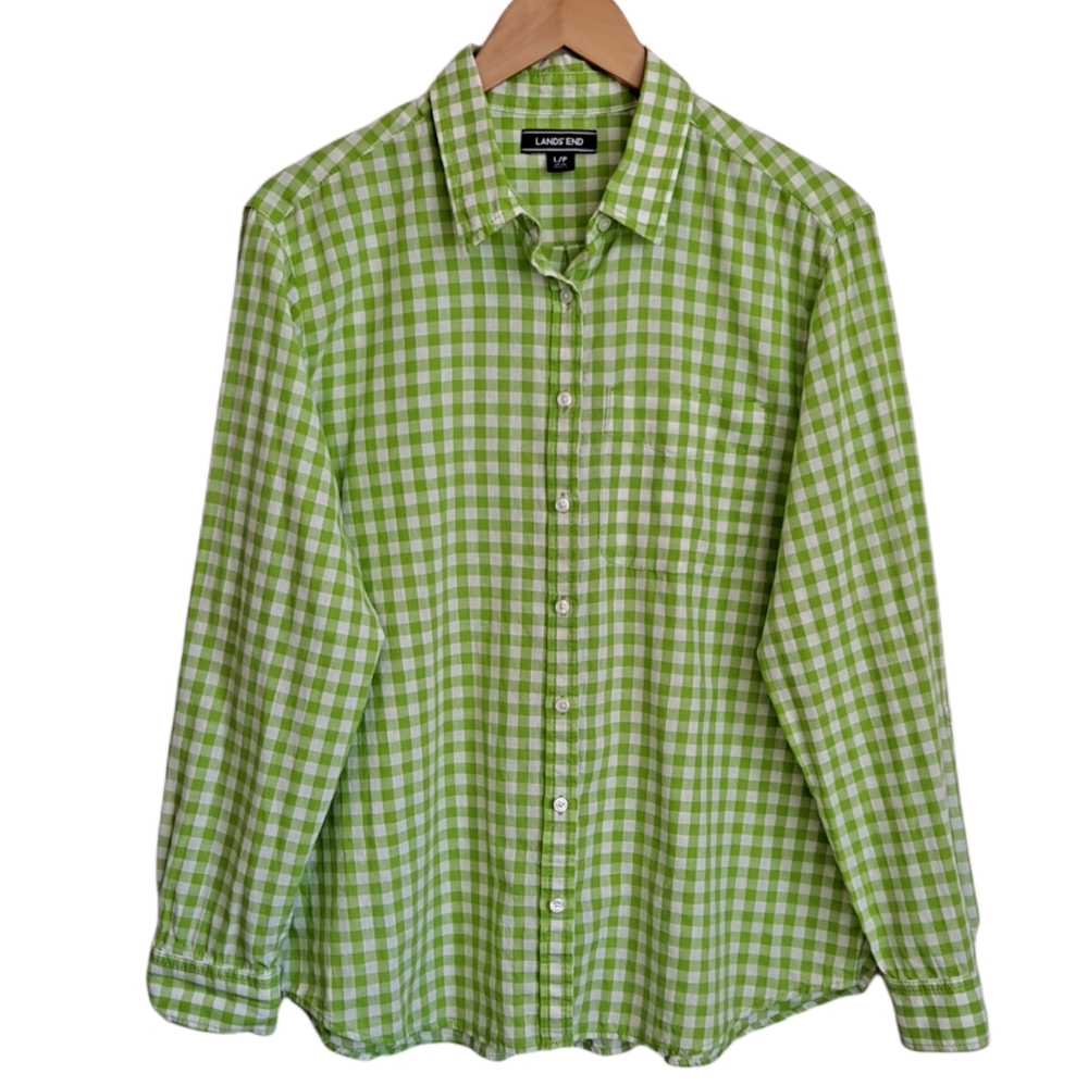 Lands' End Gingham Check Shirt Cotton Linen Blend Green White Size Large P